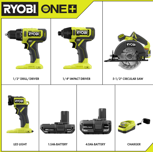 Ryobi One Plus 18V 4 Li-ion One+ Cordless 5 piece Power tool kit  RCK185-240S