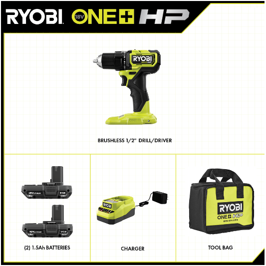 Ryobi ONE+ HP 18V Brushless Cordless Compact 1/2 in. Drill and Impact  Driver Kit with (2) 1.5 Ah Batteries, Charger and Bag